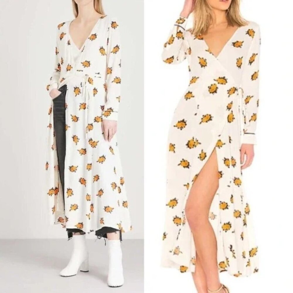 GANNI Roseburg White & Orange Floral Crepe Long Sleeve Midi Wrap Dress Sz 6